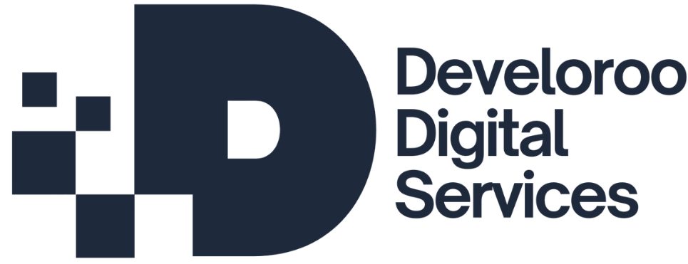 Slate Develoroo logo - pixelated squares icon with 'develoroo digital services' text beside it