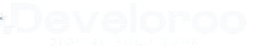 White Develoroo logo - pixelated squares icon with 'develoroo' text and 'DIGITAL SOLUTIONS' tagline below it
