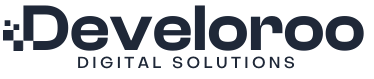 Develoroo logo - pixelated squares icon with 'develoroo' text and 'DIGITAL SOLUTIONS' tagline below it