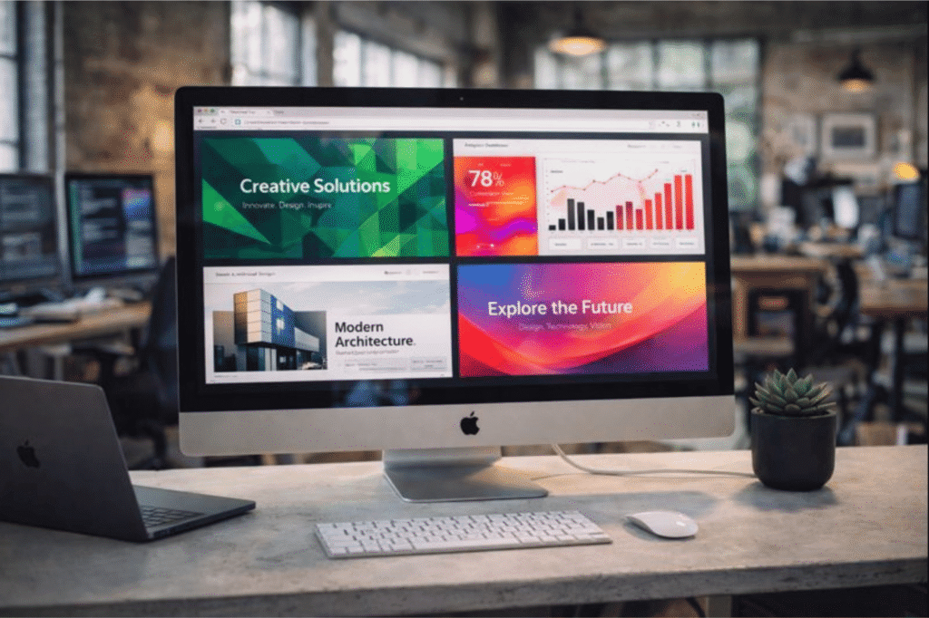 Desktop monitor displaying portfolio website with image gallery - Professional website development and custom web design services - responsive WordPress websites by Develoroo