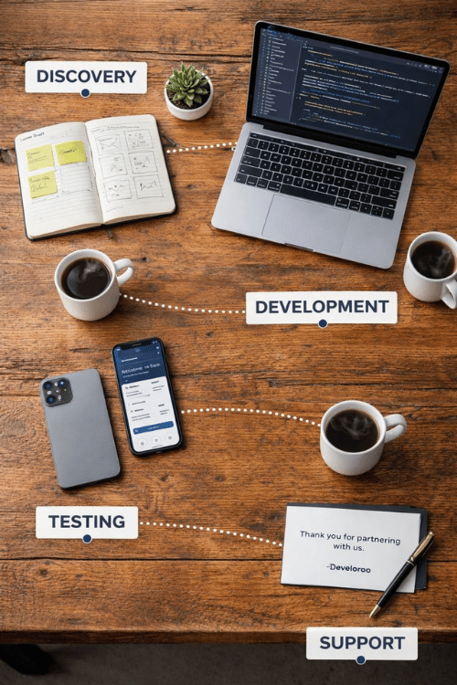 4-step blueprint for website and app development by Develoroo - Discovery, Development, Testing, Support methodology used by Taunton Somerset digital agency