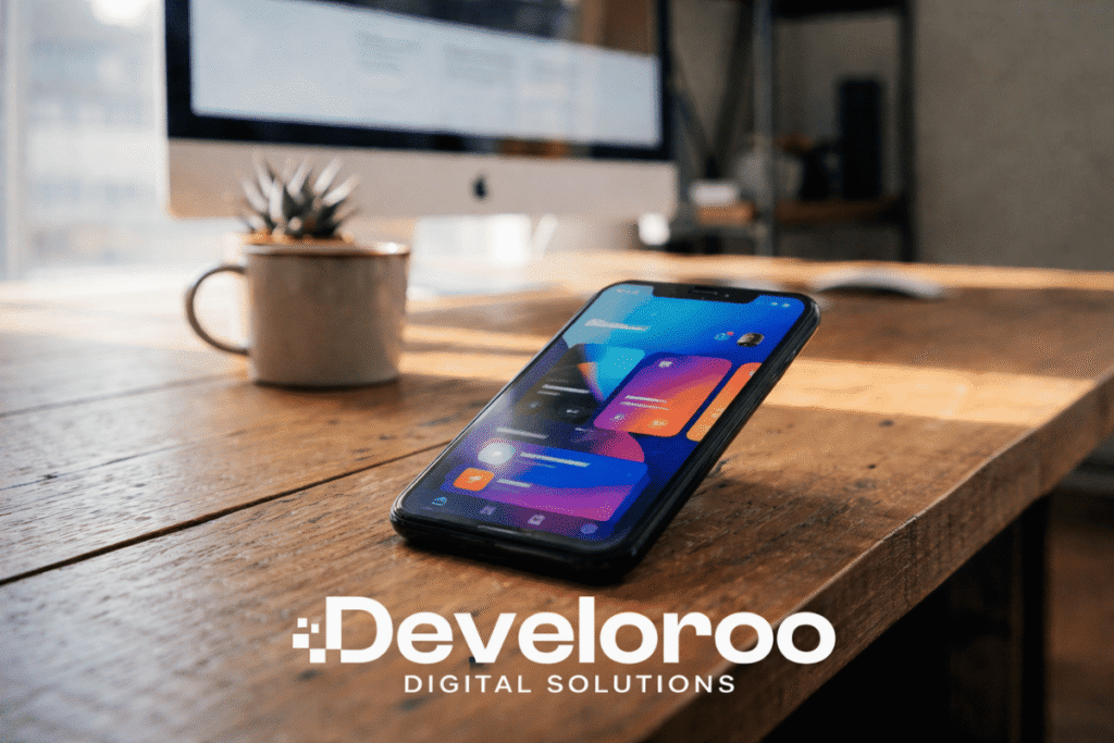 Modern mobile app development workspace with smartphone interface on desk and iMac screen in background by Develoroo Digital Solutions