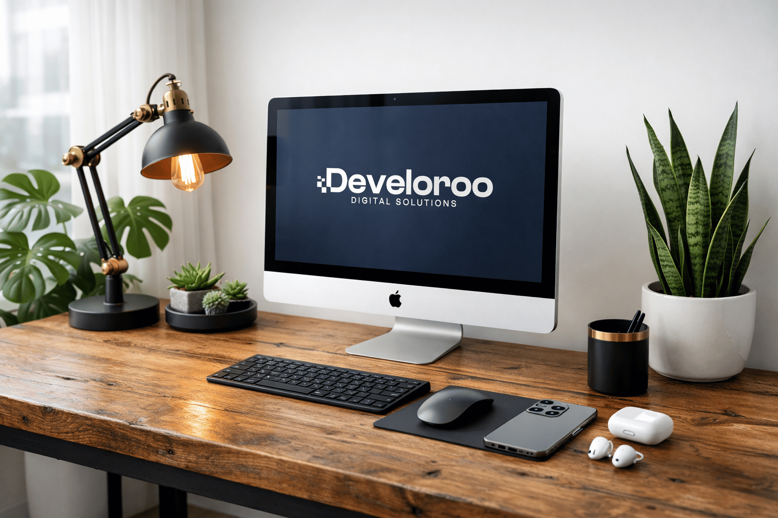 Develoroo website and mobile app development agency modern office setup with Apple devices and minimalist design - Digital solutions provider in Taunton, Somerset, UK