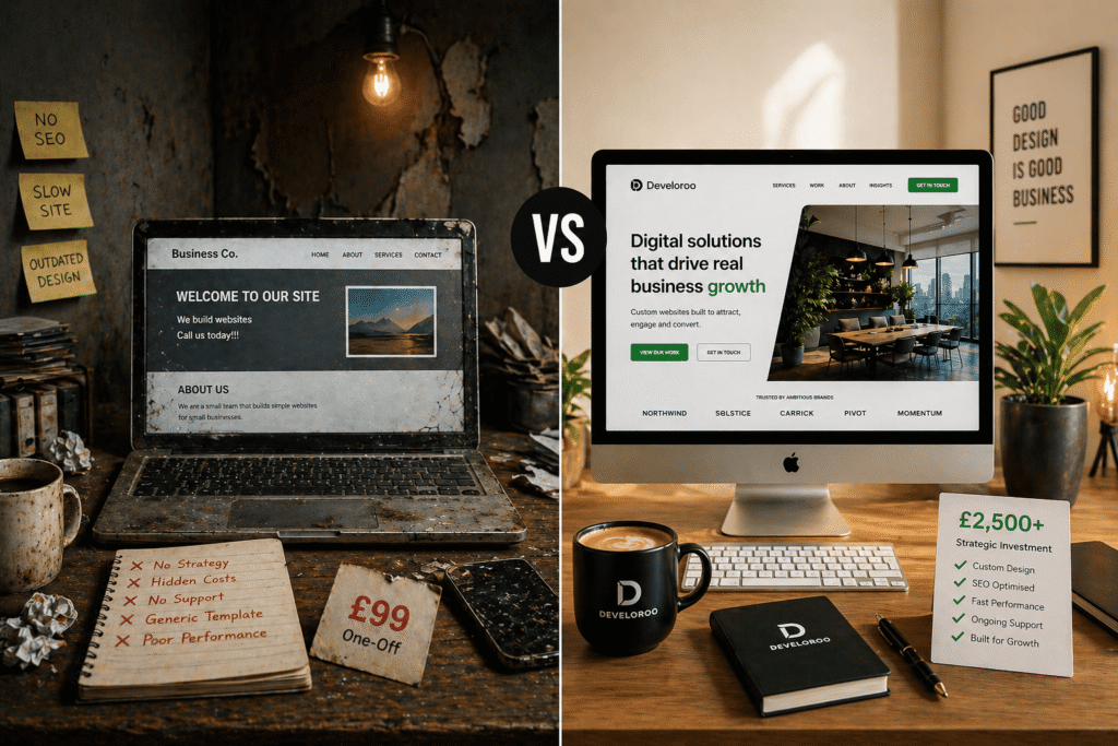 Cheap vs premium website development comparison showing outdated low-cost website design versus modern professional web design setup with SEO optimisation, branding and business growth focused website development.