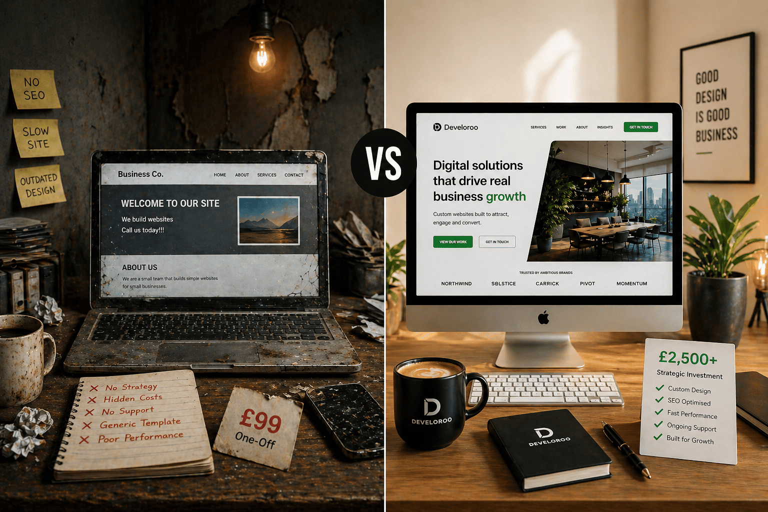 Cheap vs premium website development comparison showing outdated low-cost website design versus modern professional web design setup with SEO optimisation, branding and business growth focused website development.