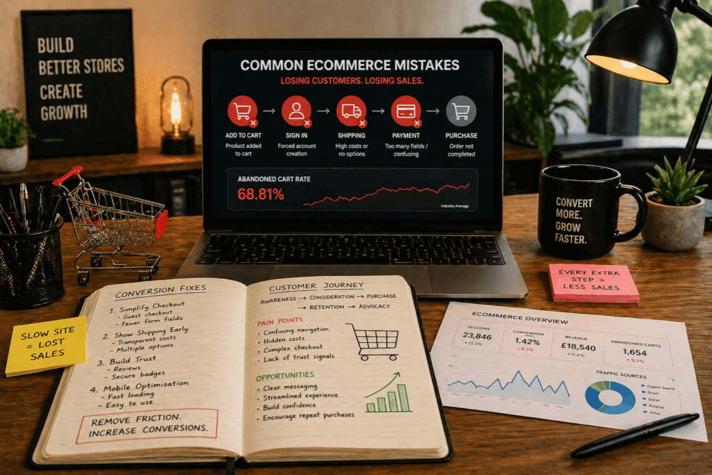 Common ecommerce website mistakes workspace showing poor checkout flow, abandoned cart issues, conversion fixes, customer journey notes and ecommerce optimisation strategy for improving online store sales.