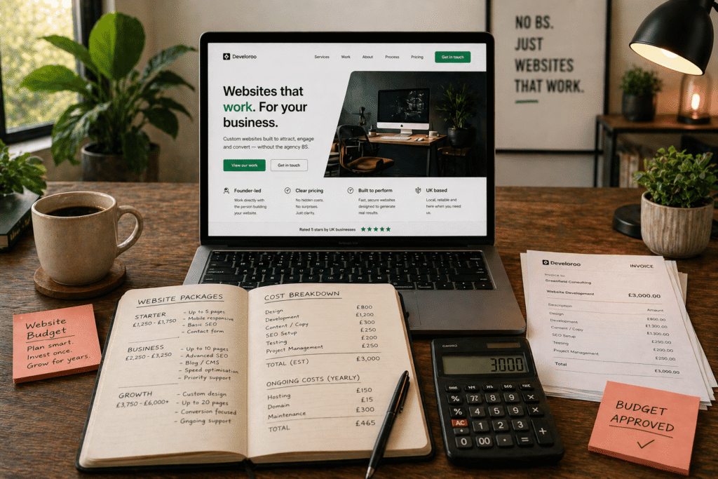 Cost of building a business website in the UK with laptop displaying modern website design, calculator, pricing notes, invoices and website package breakdown for Develoroo web development pricing guide.