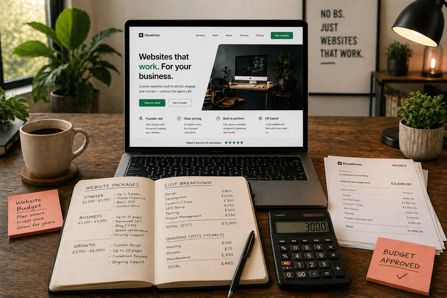 Cost of building a business website in the UK with laptop displaying modern website design, calculator, pricing notes, invoices and website package breakdown for Develoroo web development pricing guide.
