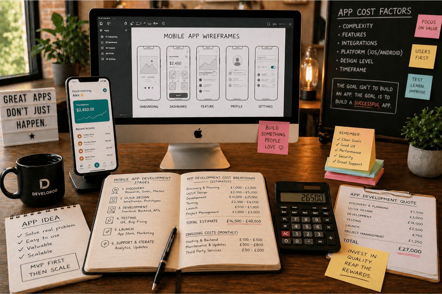 Mobile app development cost workspace with iPhone app UI, iMac wireframes, calculator, pricing notes and budget planning showing how much it costs to build a mobile app for business.