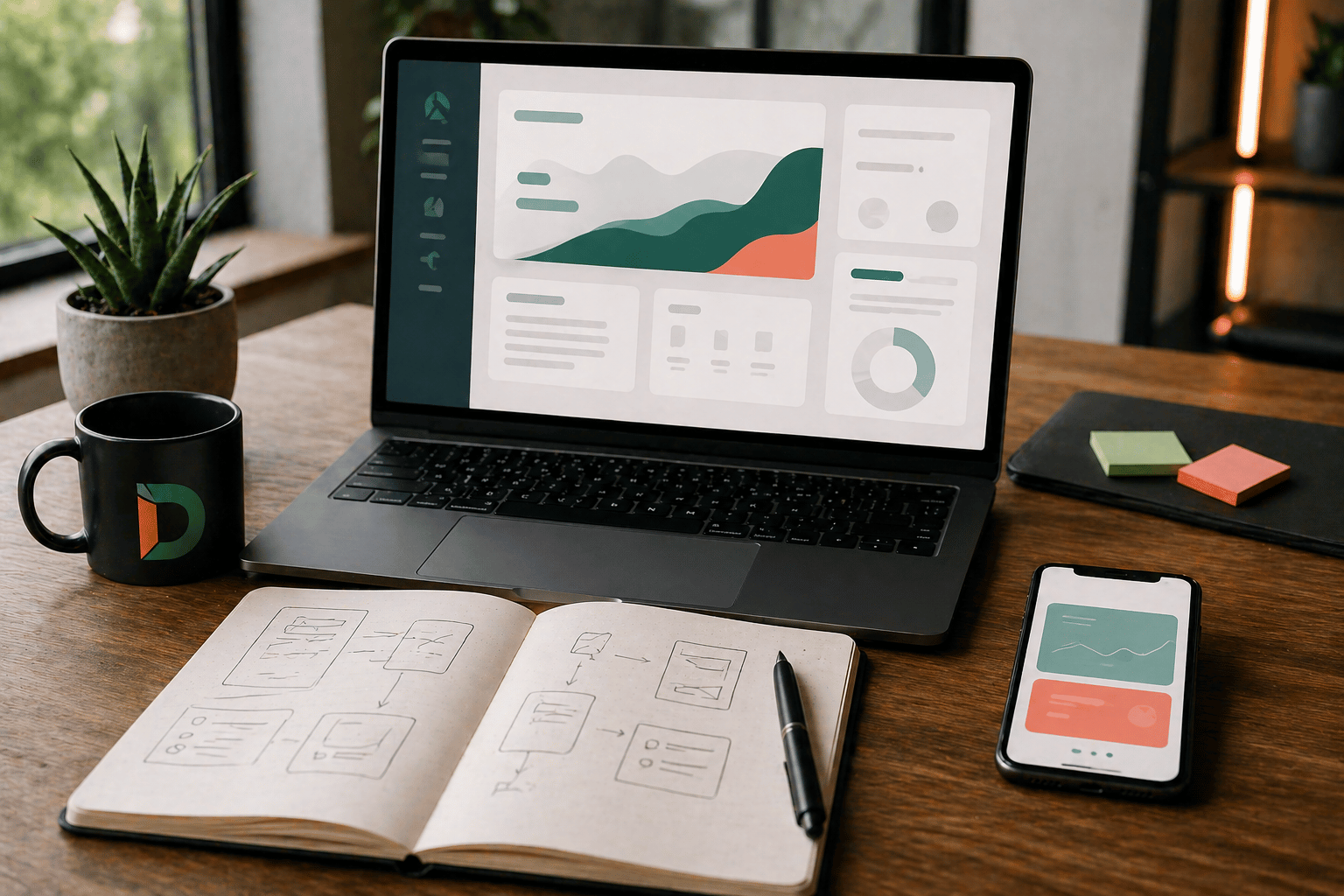 Early-stage AI product concept workspace with laptop displaying abstract interface, mobile app prototype screen, wireframe sketches and startup idea validation planning in a minimal modern office setup.