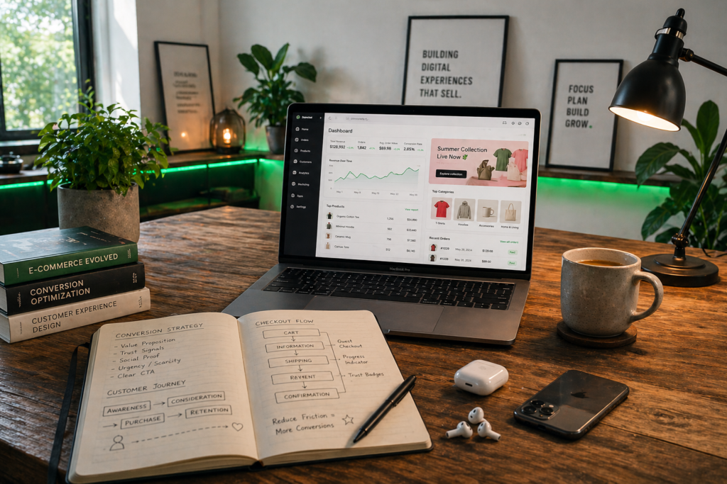 Ecommerce website development workspace with laptop displaying online store dashboard, conversion strategy notes, checkout flow planning and premium ecommerce design setup for Develoroo ecommerce website development services.