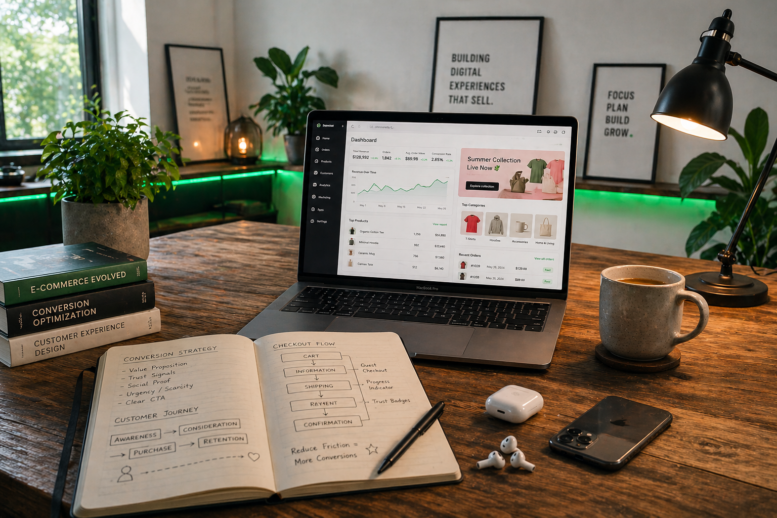 Ecommerce website development workspace with laptop displaying online store dashboard, conversion strategy notes, checkout flow planning and premium ecommerce design setup for Develoroo ecommerce website development services.