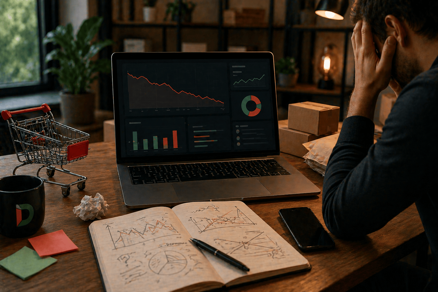 Ecommerce performance frustration workspace with laptop showing declining analytics charts, abandoned cart concept, messy planning notes and conversion issues in a modern online store optimisation setup.