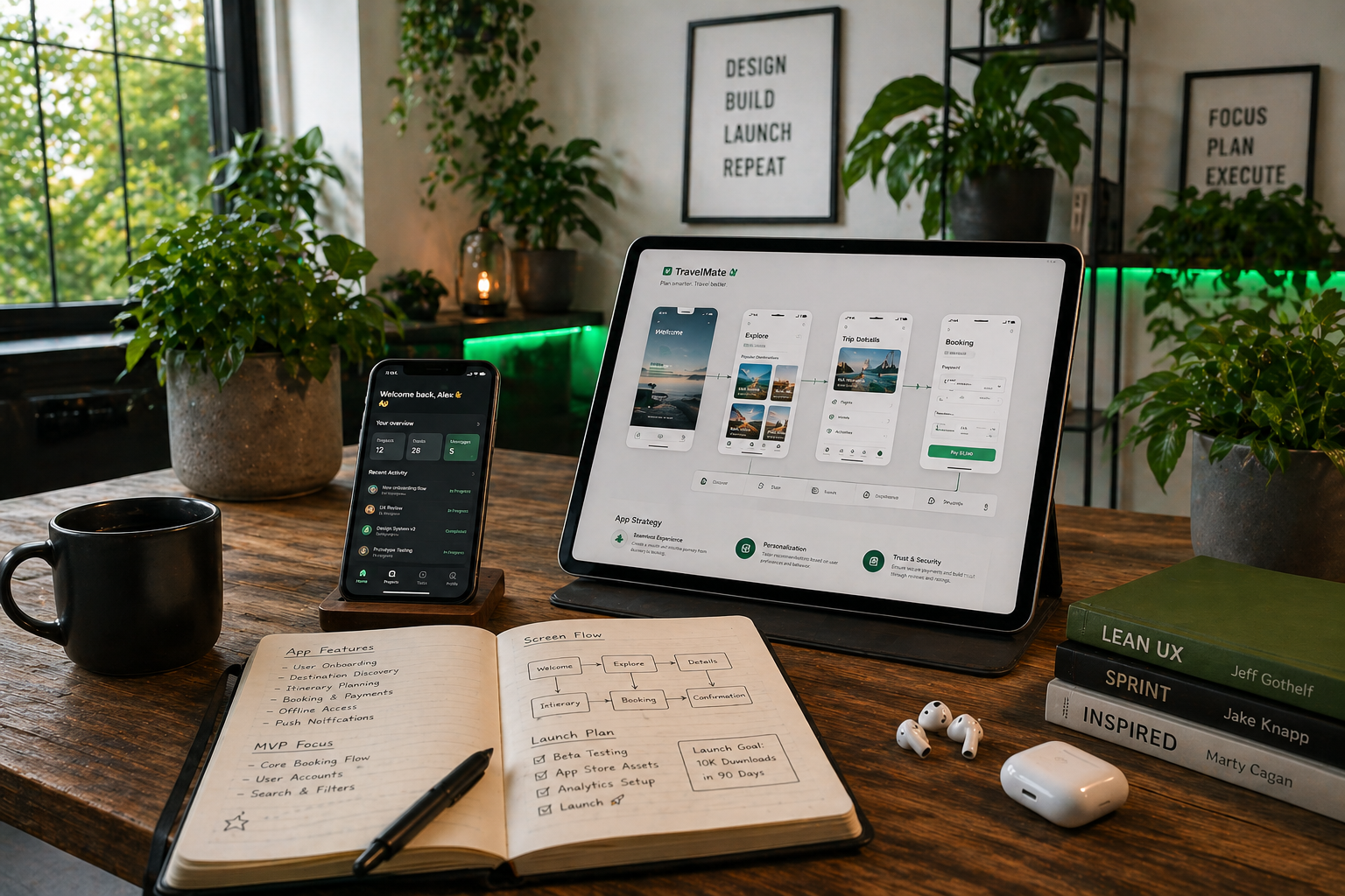 Mobile app development workspace with tablet and smartphone displaying app wireframes, MVP feature planning, user journey notes and premium product design setup for Develoroo mobile app development services.