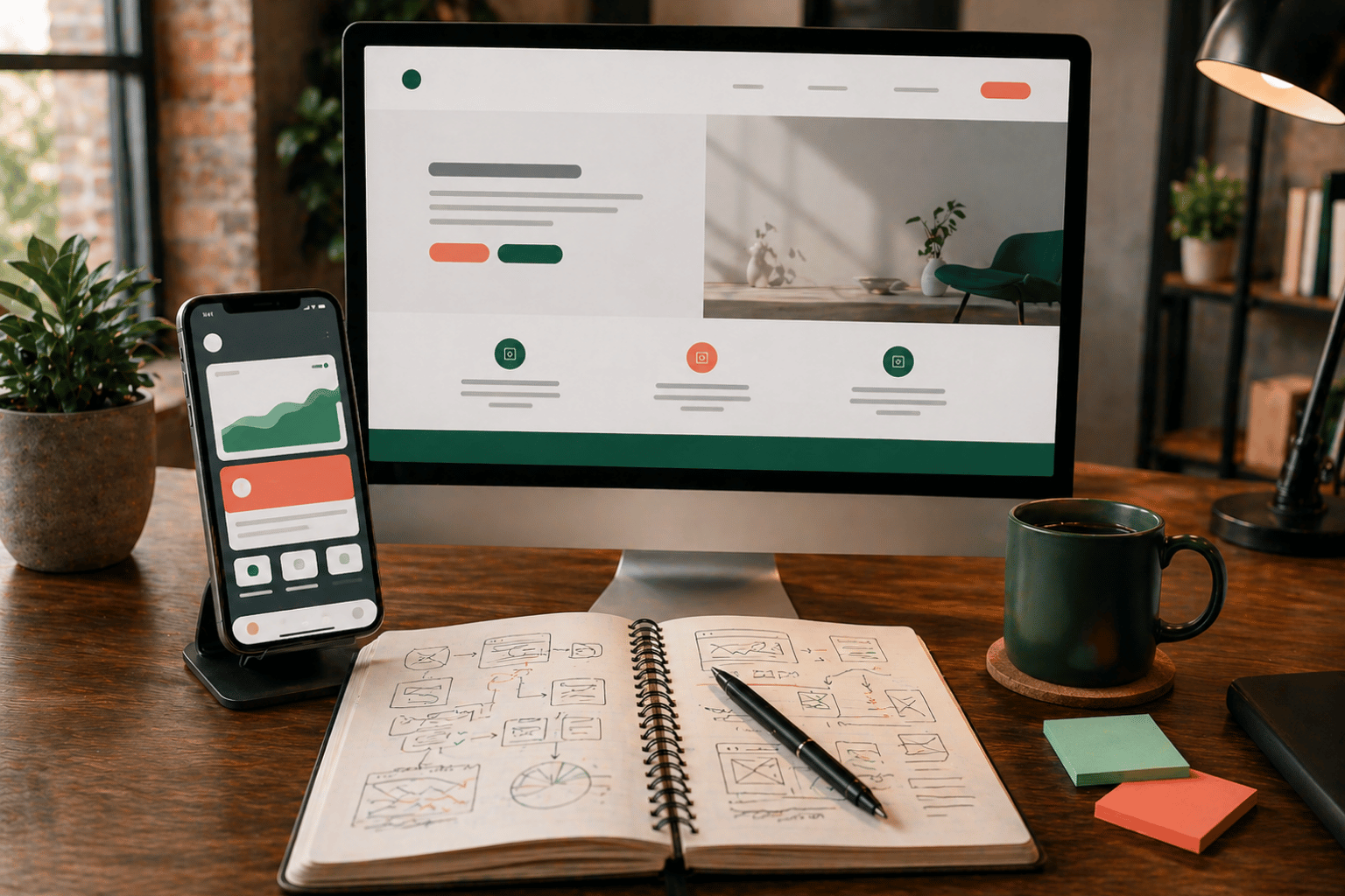 Mobile app vs website decision workspace with iPhone app interface and iMac business website layout, startup planning notes and digital product strategy comparison for choosing between app or website.