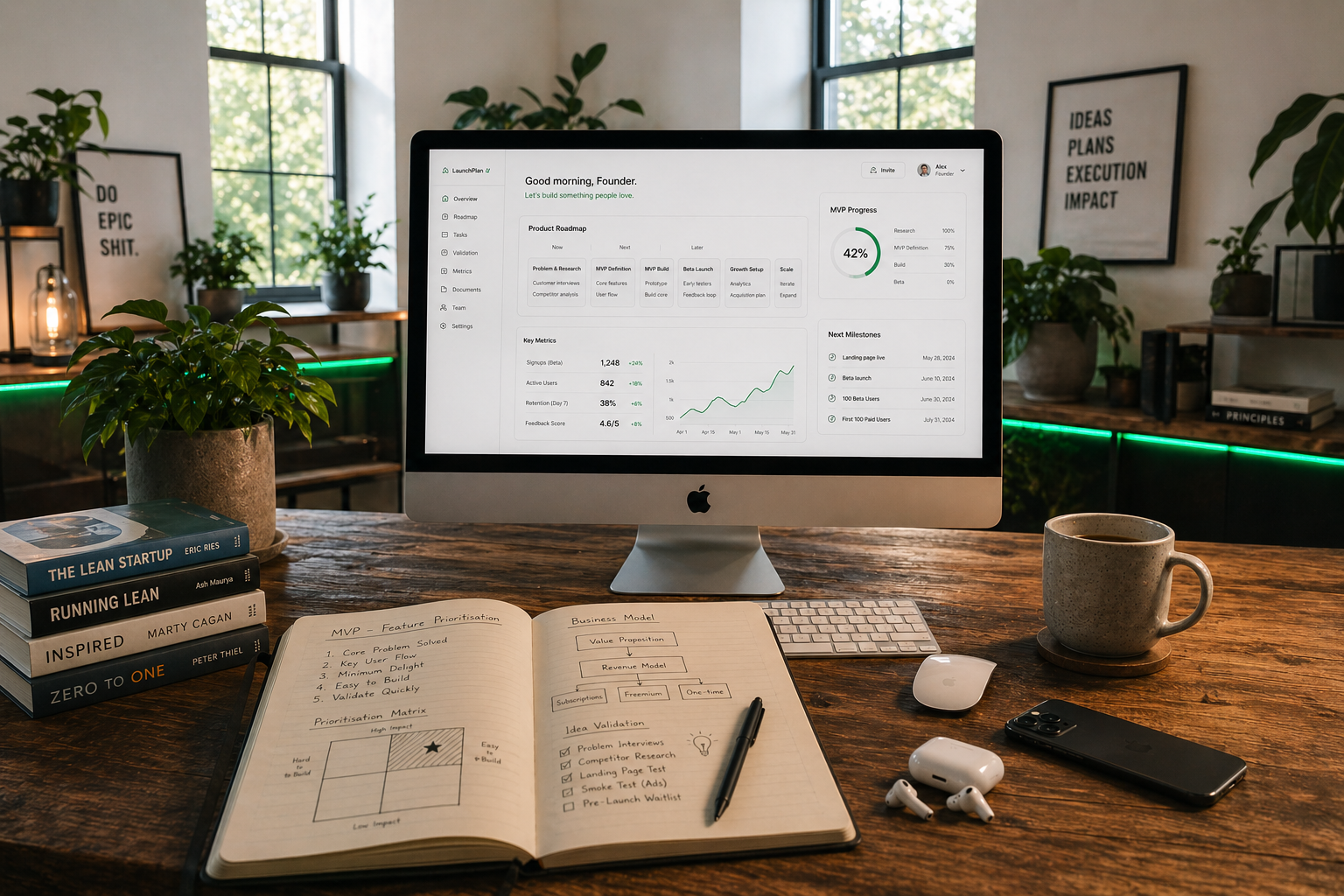 Startup MVP development workspace with iMac displaying product roadmap dashboard, MVP feature prioritisation notes, launch planning and founder-led startup strategy setup for Develoroo startup MVP development services.