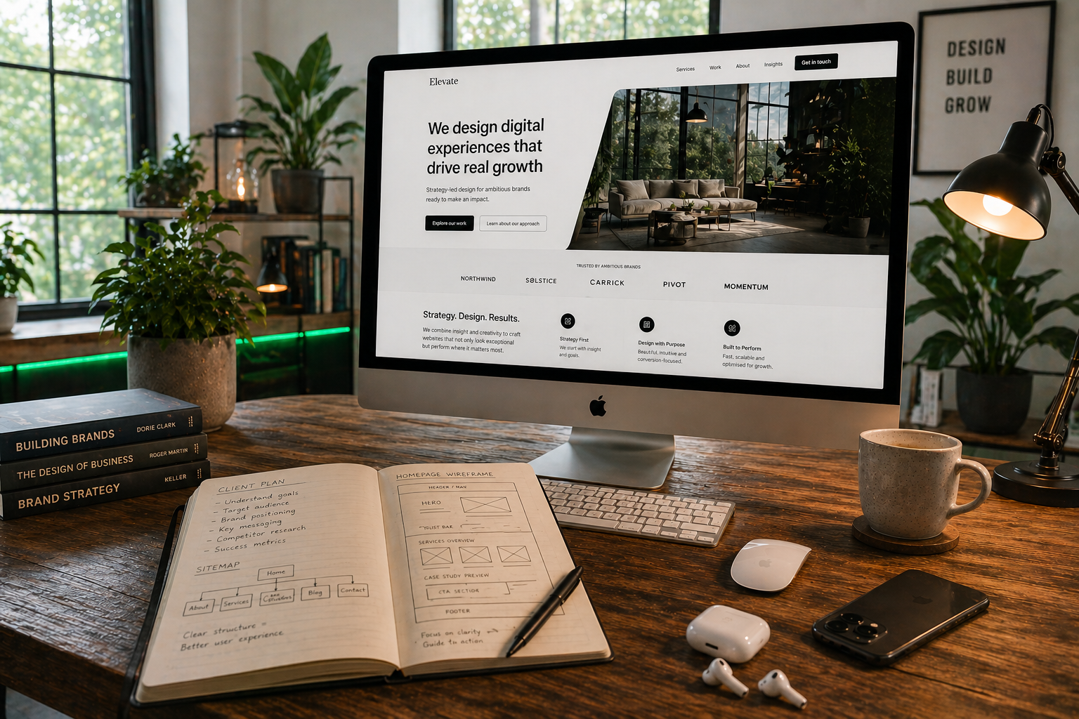 Professional web design workspace with iMac displaying premium business website homepage, homepage wireframe sketches, client strategy notes and modern website development setup for Develoroo web design and website development services.