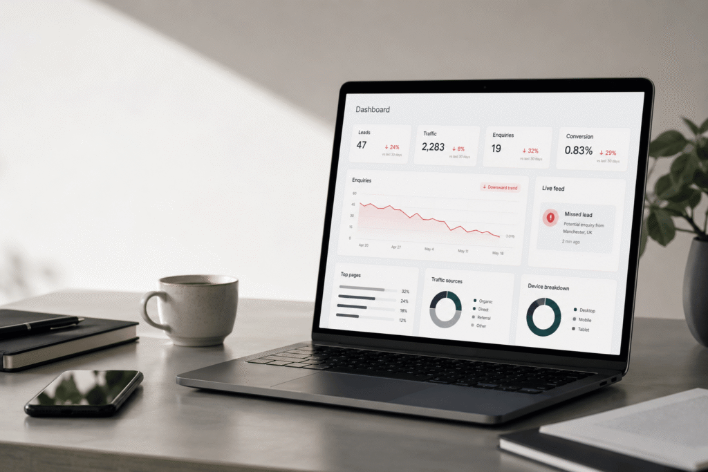 Modern laptop showing a website analytics dashboard with declining leads and conversion rates, representing how a business website can lose enquiries.