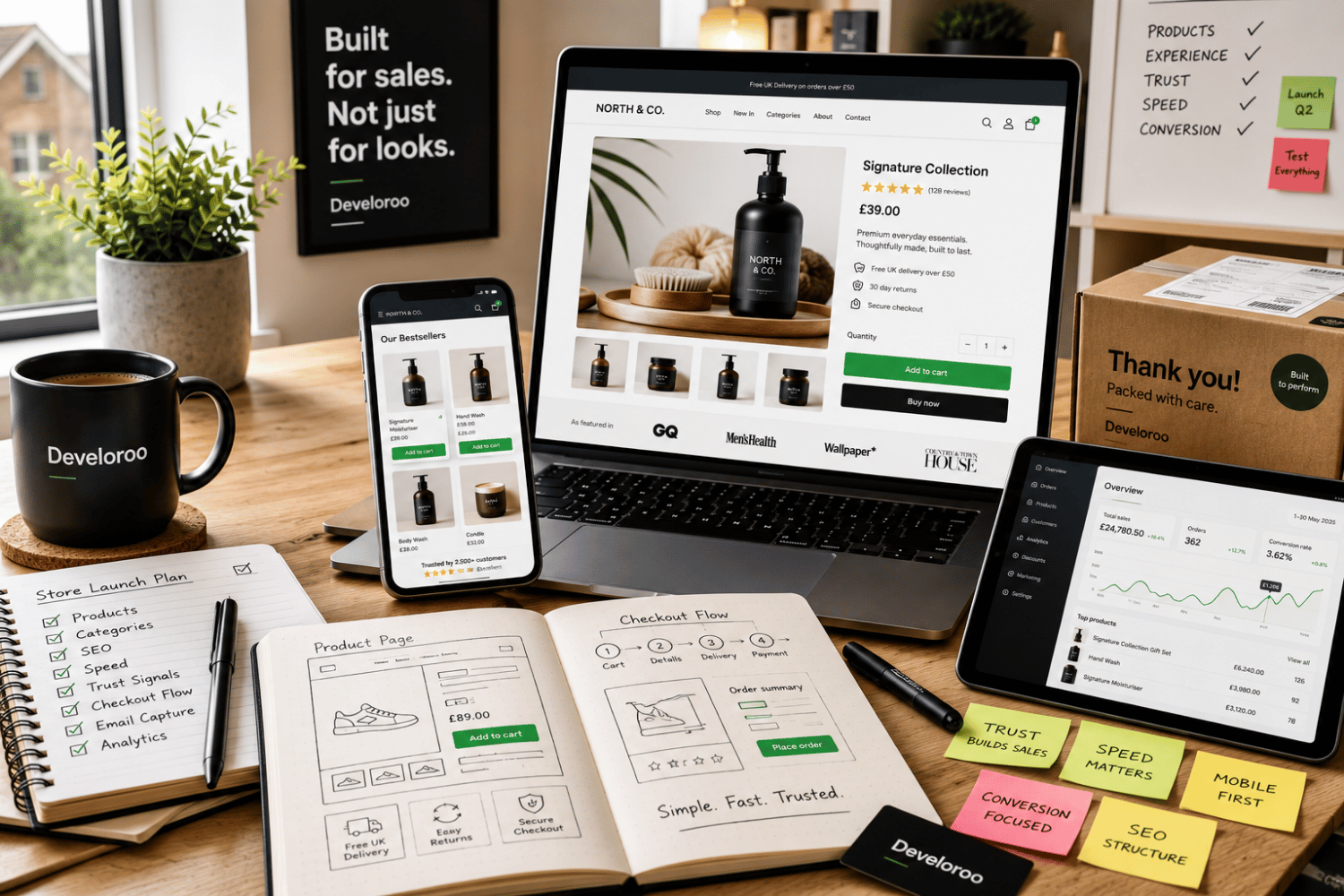 Ecommerce website development workspace showing responsive online store layouts, product pages and checkout planning.