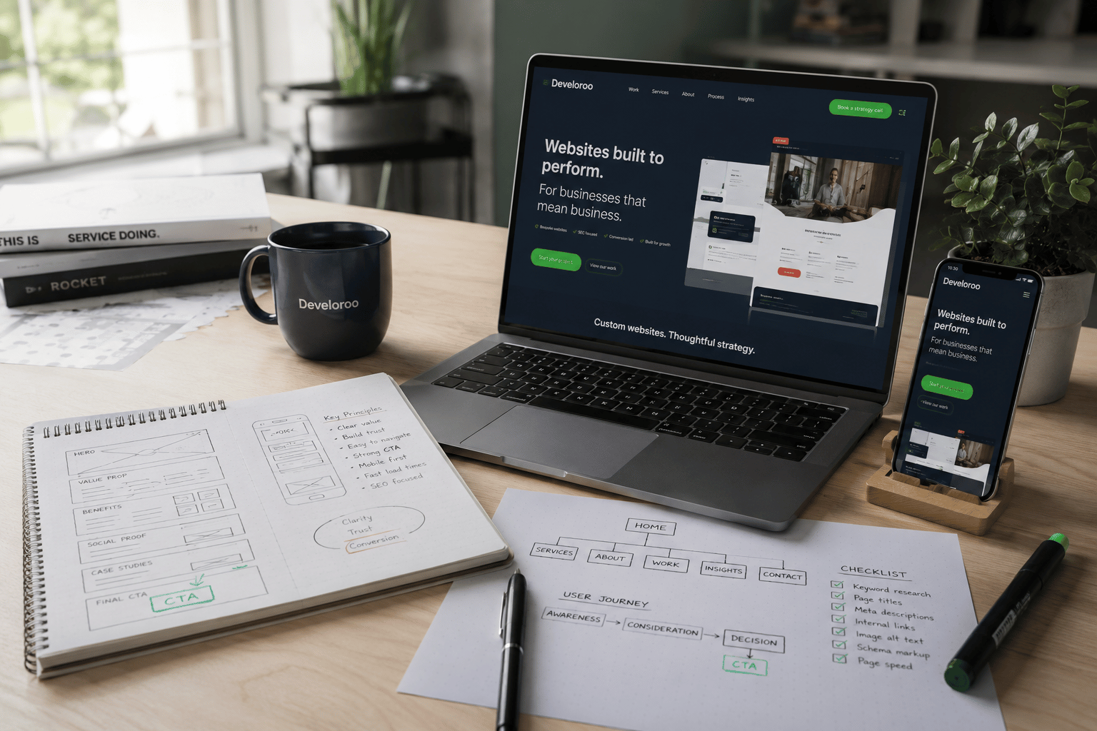 Founder-led UK web development workspace with laptop and mobile website mockups, wireframes, SEO planning notes, and responsive business website design setup by Develoroo