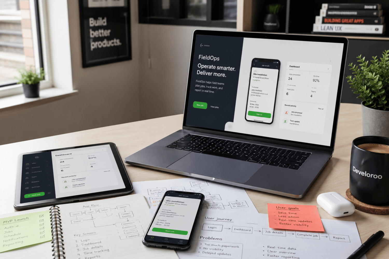 Cross-platform mobile app development workspace with iPhone, Android app screens and UX planning sketches
