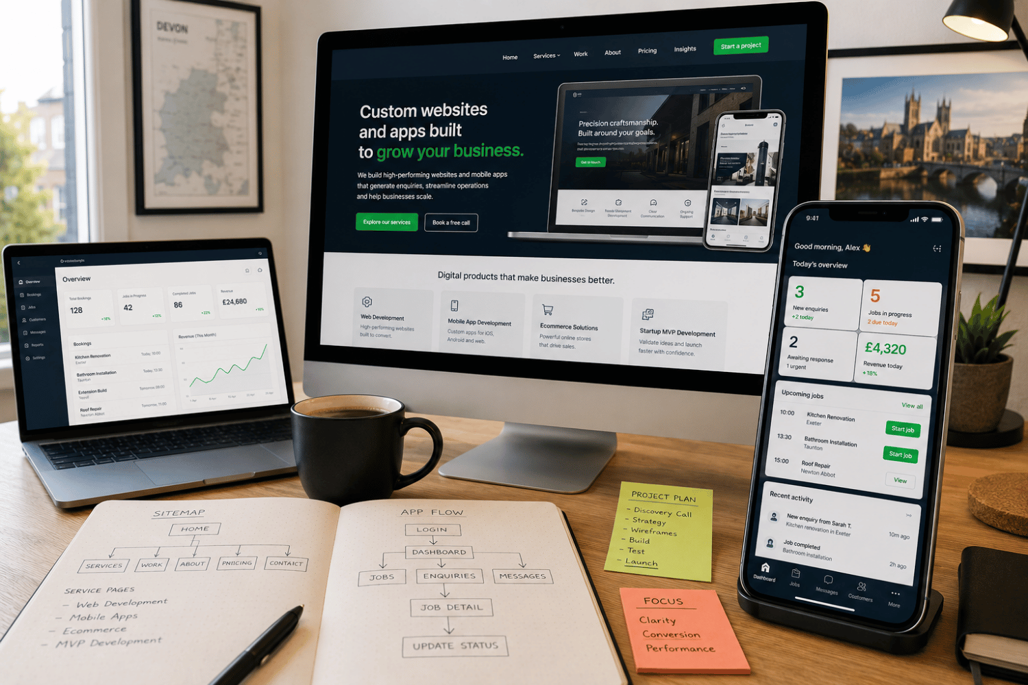 Develoroo homepage hero showing custom website development, mobile app design, sitemap planning and business app dashboard.