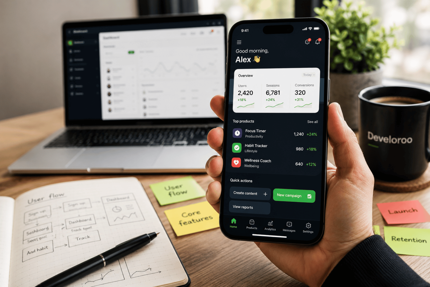 Custom mobile app development workspace showing smartphone app interface, user flow planning and cross-platform app design by a UK mobile app developer.
