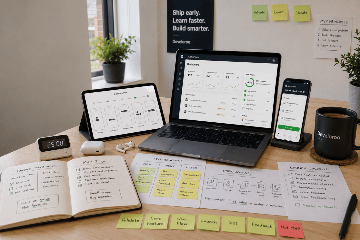 Startup MVP development workspace showing app prototype screens, wireframes, product roadmap and feature validation planning.
