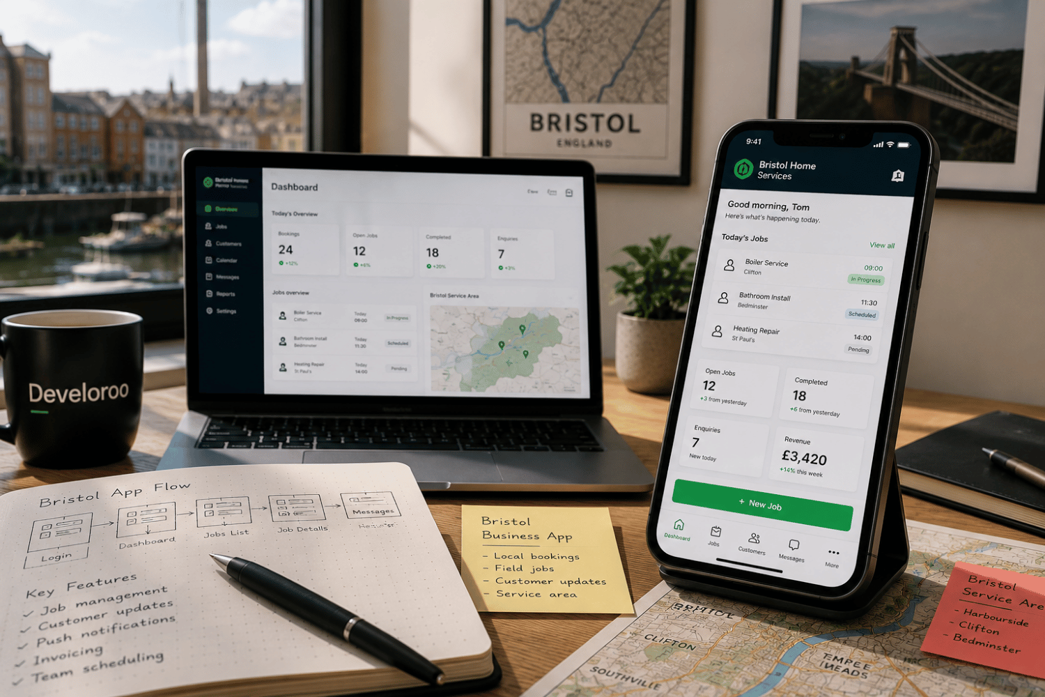 Mobile app development Bristol workspace showing a business app dashboard, app flow planning and Bristol service area map.