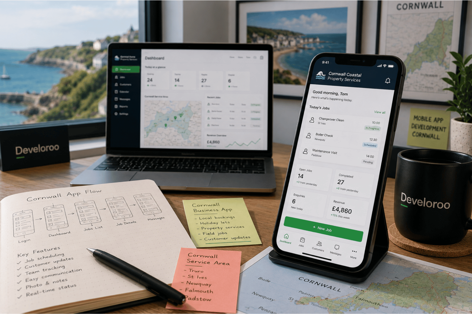 Mobile app development Cornwall workspace showing a business app dashboard, app flow planning and Cornwall service area map.