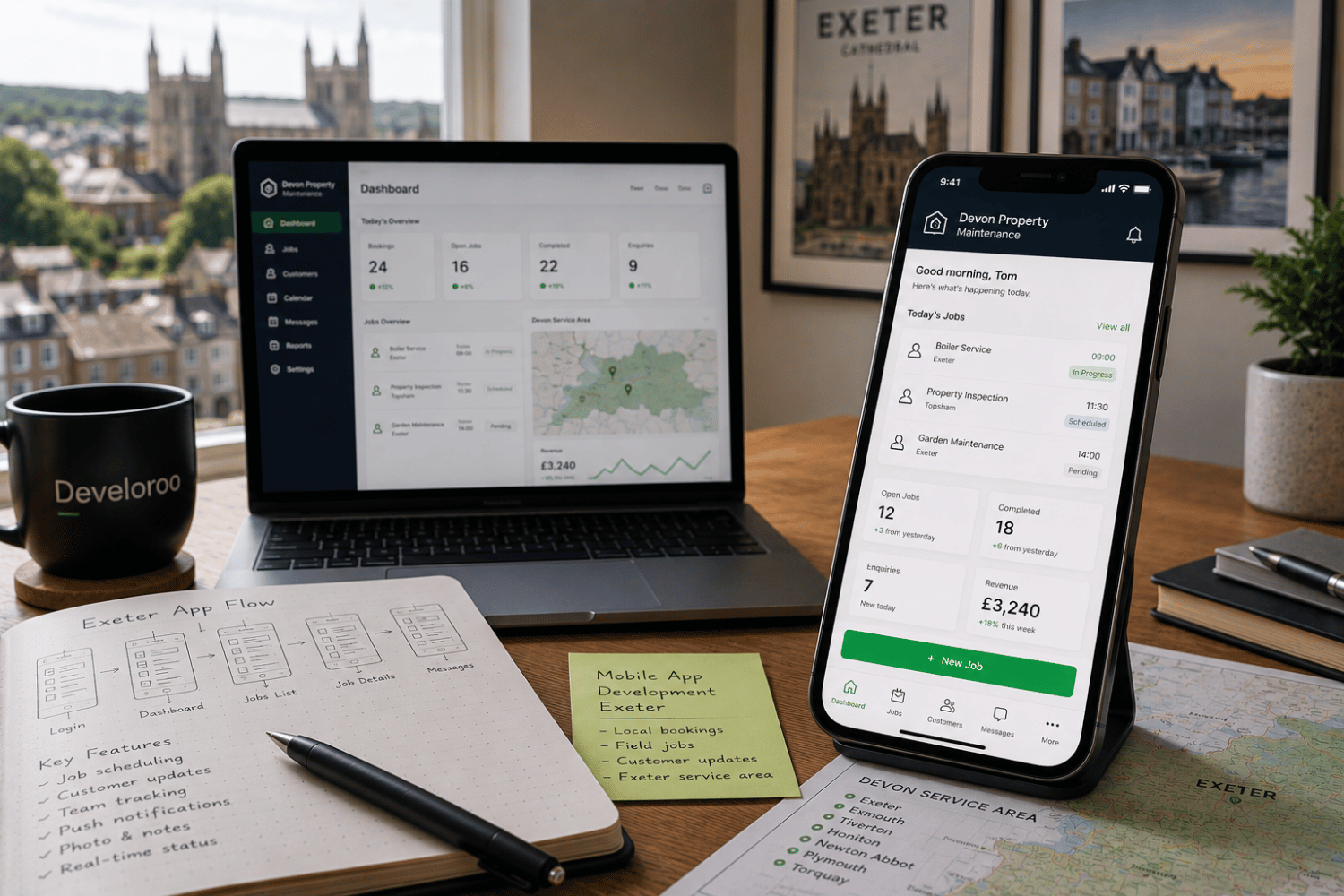 Mobile app development Exeter workspace showing a Devon business app dashboard, app flow planning and Exeter service area map.