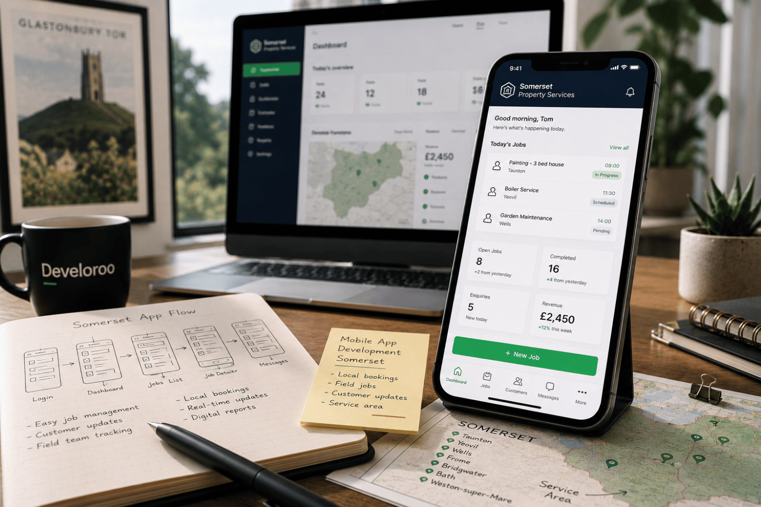 Mobile app development Somerset workspace showing a business app dashboard, app flow sketches and Somerset service area map.