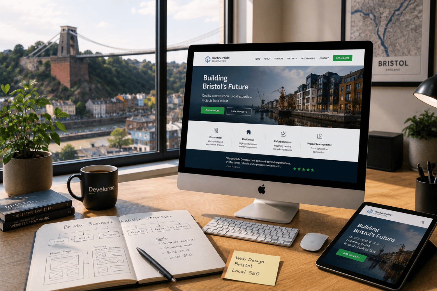 Web design Bristol workspace showing responsive business website layouts, wireframe planning and Clifton Suspension Bridge.