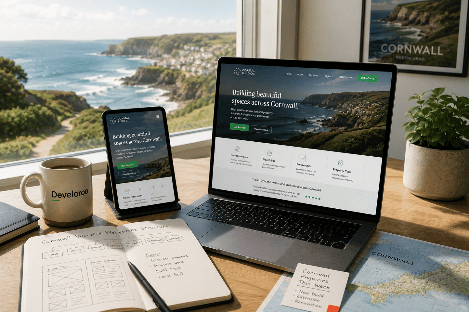 Web design Cornwall workspace showing responsive business website layouts, wireframe sketches and a Cornish coastal setting.