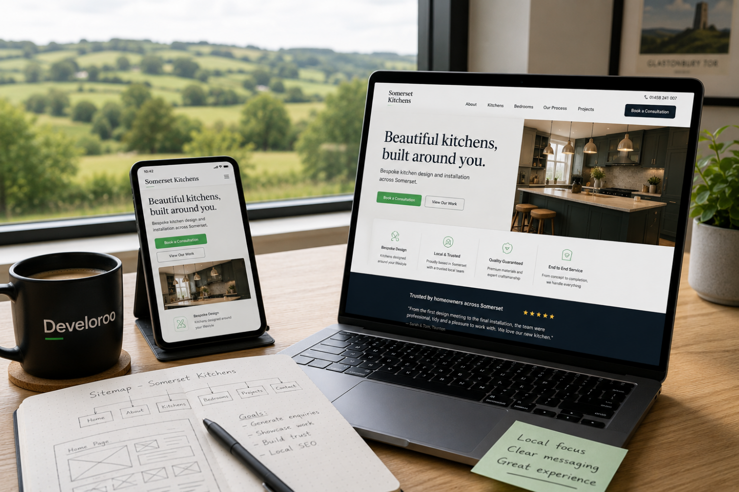 Web design Somerset workspace showing responsive business website layouts, sitemap sketches and local Somerset countryside.
