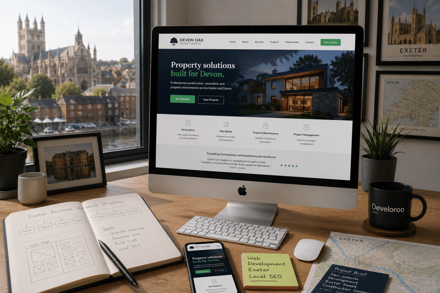 Web development Exeter workspace showing responsive business website layouts, wireframe planning and Exeter Cathedral.