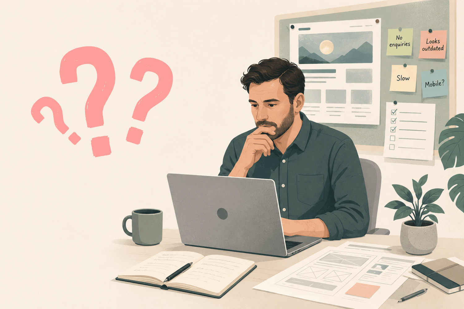 Editorial illustration of a business owner deciding whether their business website needs a redesign while reviewing website performance, mobile usability and customer enquiries.