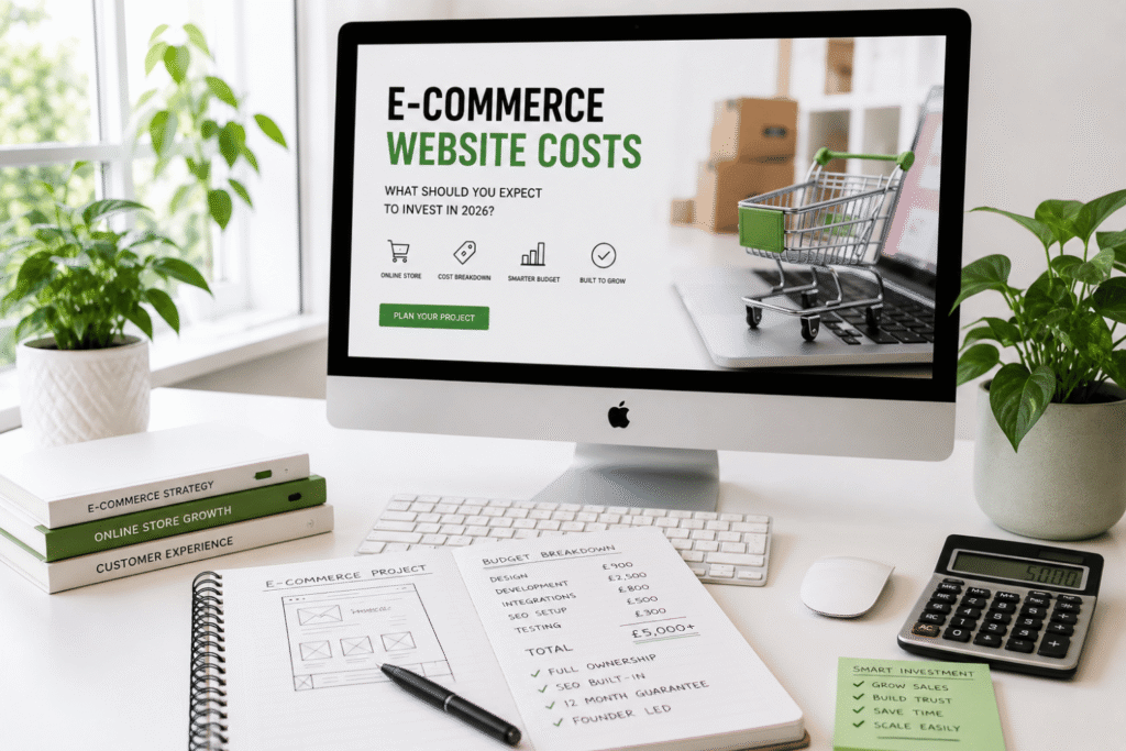 Bright modern workspace with Apple iMac displaying ecommerce website cost planning for a UK online store development project.