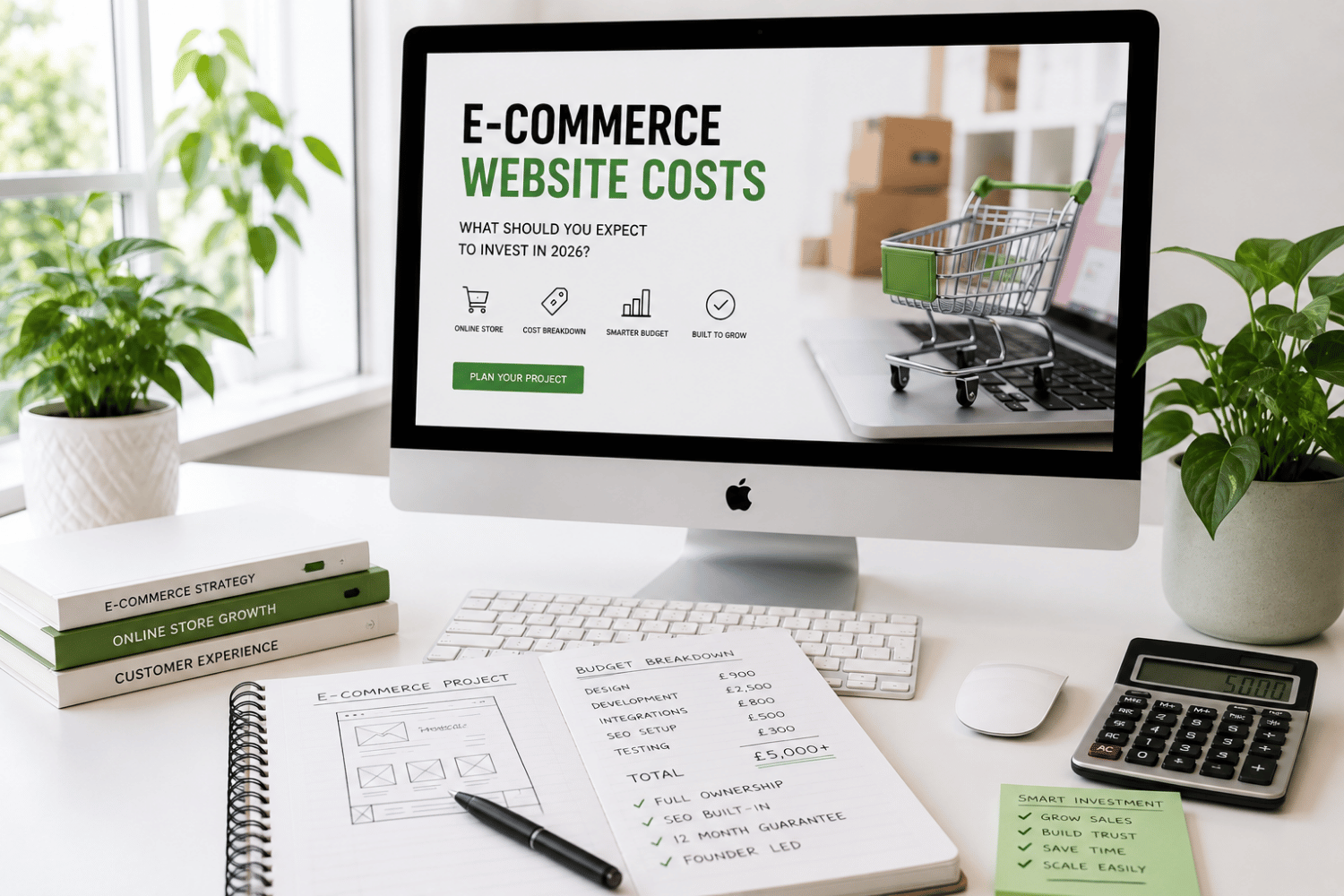 Bright modern workspace with Apple iMac displaying ecommerce website cost planning for a UK online store development project.