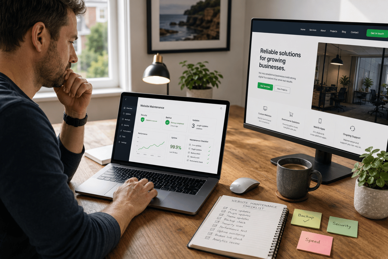 Business owner reviewing website maintenance tasks including security updates, backups and performance monitoring in a modern UK office.