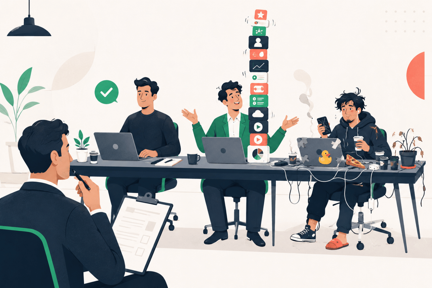 Business owner comparing three UK mobile app developers during a hiring interview, highlighting professional developers, unrealistic promises and common red flags before choosing an app development company.