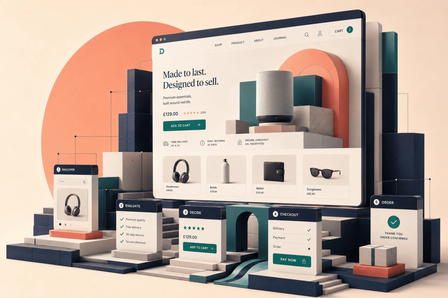 Architectural 3D illustration of an ecommerce website and connected customer journey representing Develoroo ecommerce website development services.