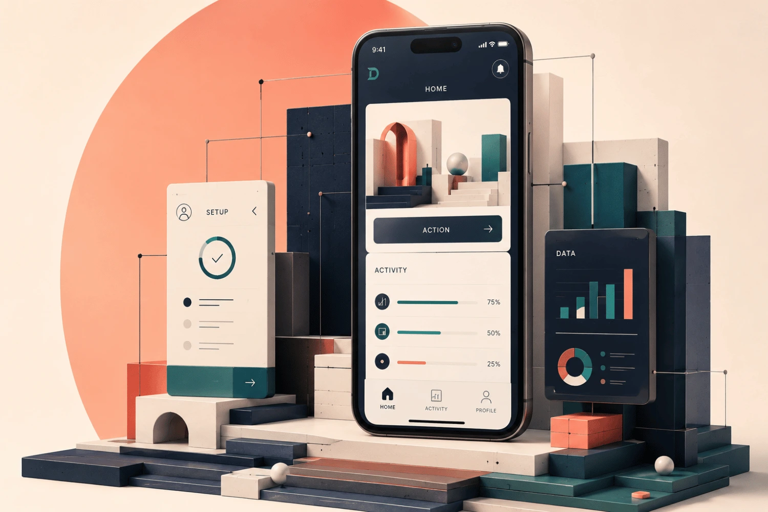 Architectural 3D illustration of a connected mobile app product representing Develoroo mobile app development services