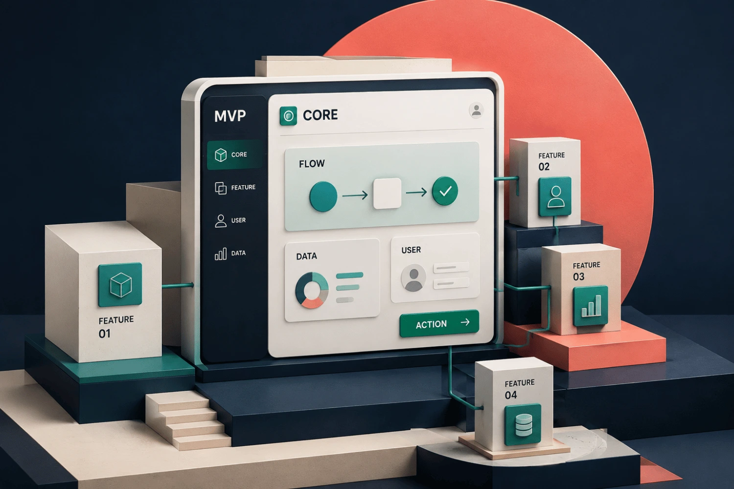 Architectural 3D illustration of a focused MVP product system representing Develoroo startup MVP development services.