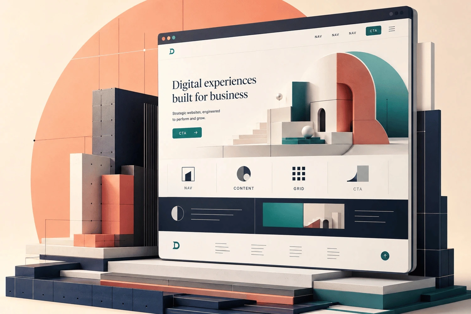 Architectural 3D illustration of a structured business website representing Develoroo custom website development services.