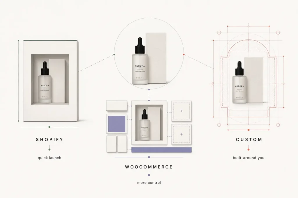 Swiss-style illustration comparing Shopify, WooCommerce and custom ecommerce for UK online stores starting ecommerce selling